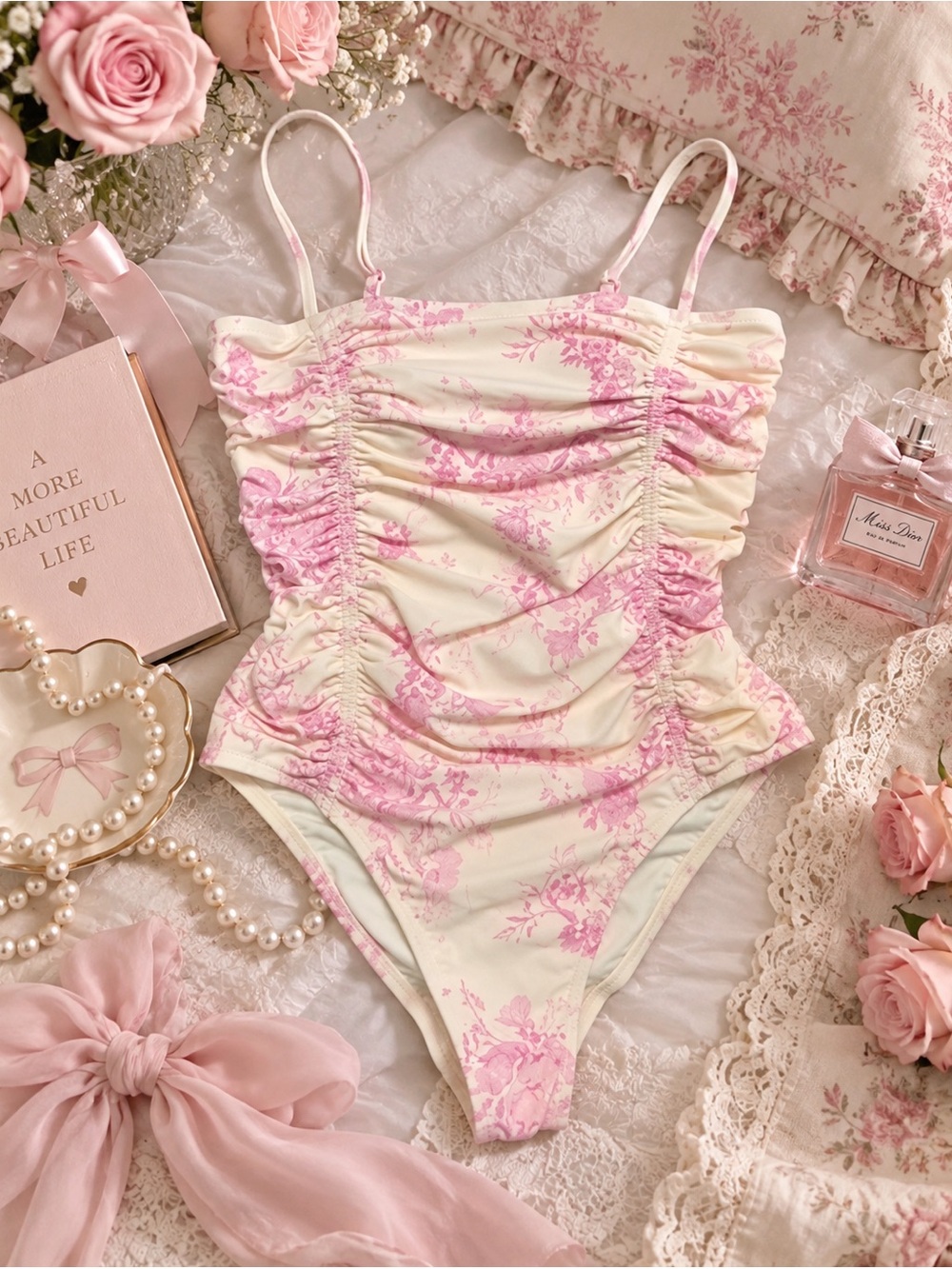 Sz L Shade & Shore Floral Ruched One-Piece Swimsuit - Pink Cream